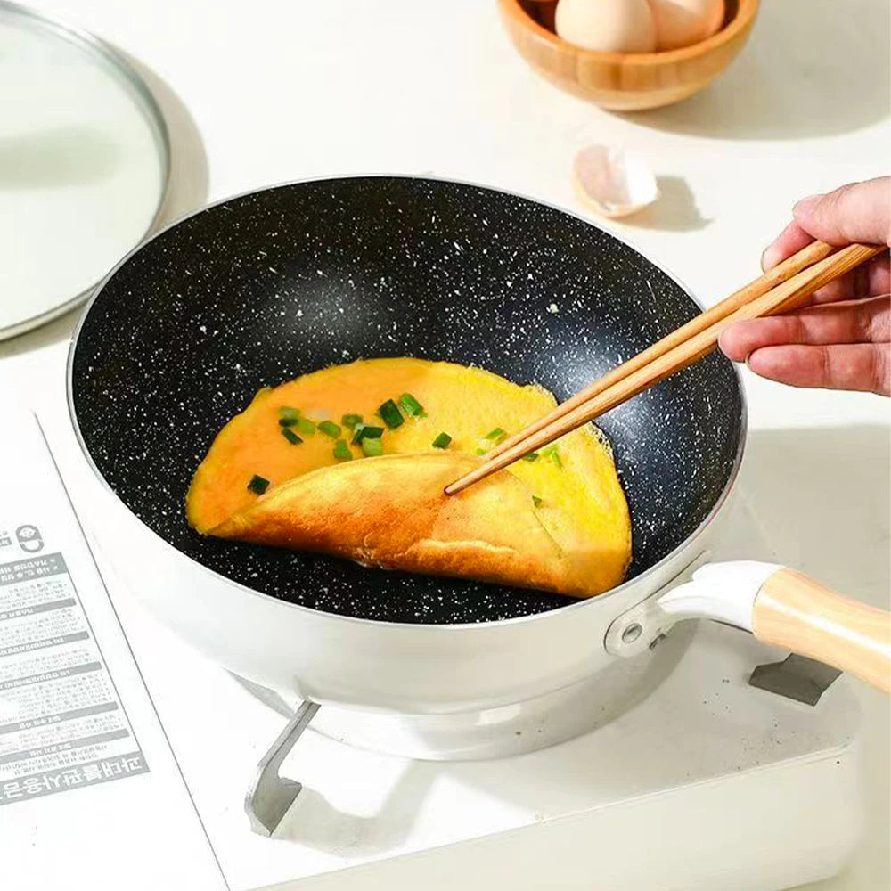 Non-Stick Wok Frying Pan with Wooden Handle – Deep Skillet for Stir-Fries, Sautéing, Frying, Noodles, One-Pan Meals, Steak, Eggs, Pancakes & Daily Cooking  – Induction & Gas Stove Compatible – Available in 20cm, 24cm, 26cm & 28cm
