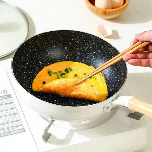 Non-Stick Wok Frying Pan with Wooden Handle – Deep Skillet for Stir-Fries, Sautéing, Frying, Noodles, One-Pan Meals, Steak, Eggs, Pancakes & Daily Cooking  – Induction & Gas Stove Compatible – Available in 20cm, 24cm, 26cm & 28cm
