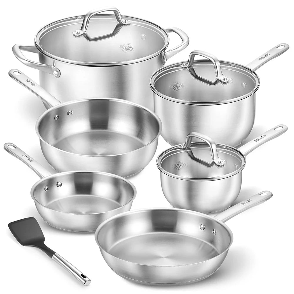 10 Piece 18/10 Stainless Steel Pots & Pans Set with Glass Lids – Saucepans, Casserole & Frying Pans – Ideal for Induction, Oven & Everyday Family Cooking