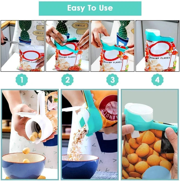 4 Piece Food Bag Sealing Clips with Pour Spout – Kitchen Storage Clips & Bag Sealers – Great for Crisps, Cereal & Snacks