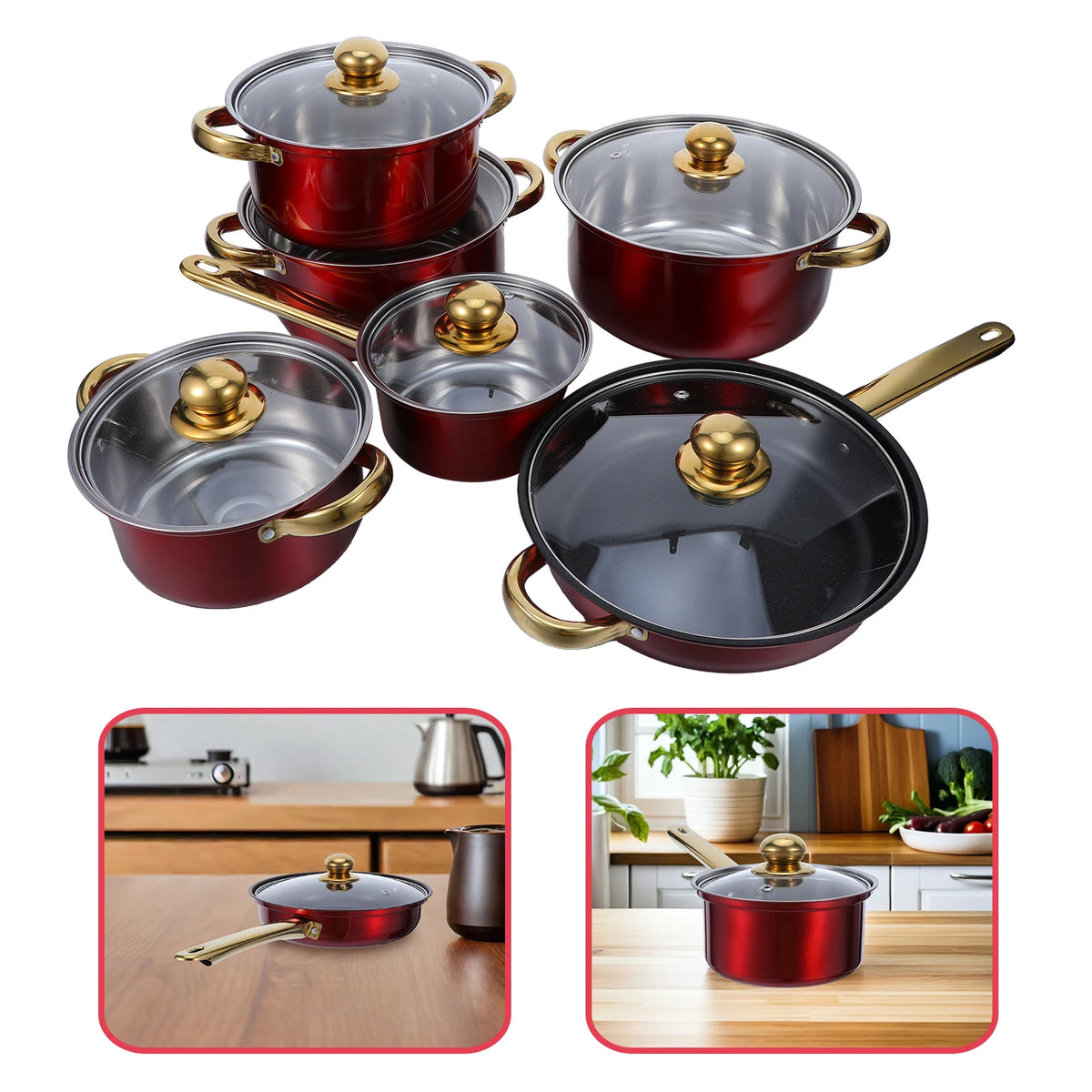 Red Non-Stick Stainless Steel Pots & Pans Set with Glass Lids – 6 Piece Thickened Cookware Set – Great for Induction, Gas, Electric & Ceramic Hobs