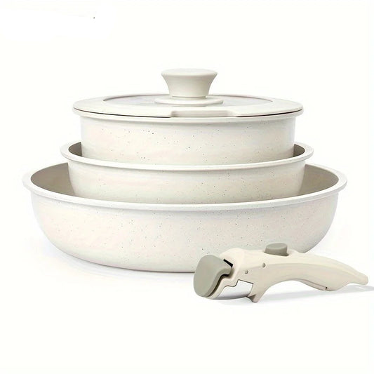 Non-Stick Cookware Set with Detachable Handles Cream White Five-piece Set