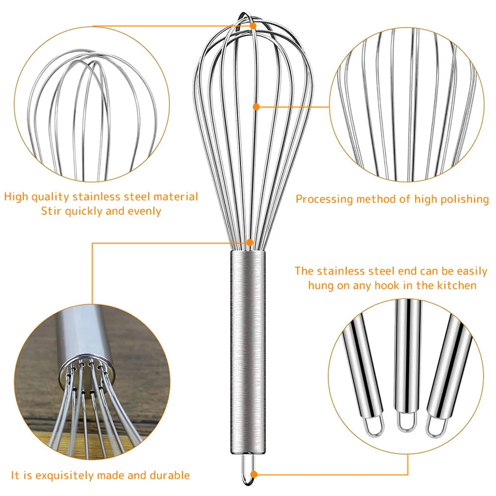 3 Piece Stainless Steel Balloon Whisk Set – 8, 10 & 12 Inch Wire Whisks with Stainless Grips – Perfect for Whisking, Beating & Blending
