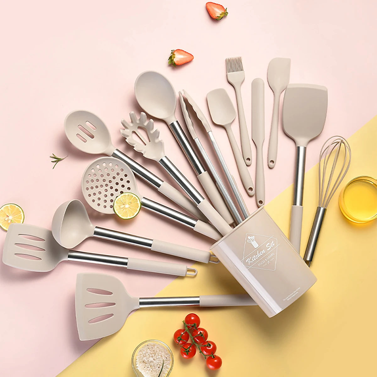 15-Piece Silicone Kitchen Utensils Set – Heat-Resistant Spatulas, Spoons, Turners, Brush, and Whisk, Perfect for Non-Stick Cookware,Available in Black, Grey & Khaki