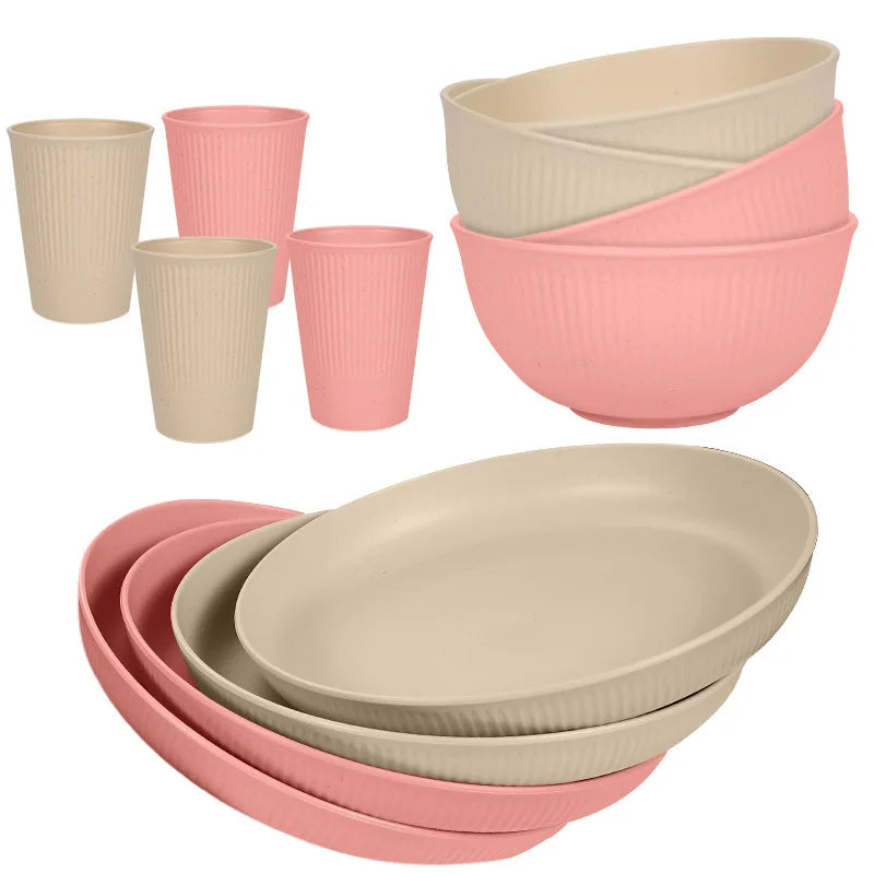 12 Piece Wheat Straw Dinnerware Set – Reusable Unbreakable Plates & Bowls – Perfect for Family Meals, Picnics & Camping