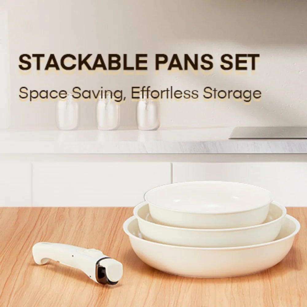Ceramic Non-Stick Saucepan Set with Removable Handle – Stackable Space-Saving Induction Pots – Great for Sauces, Soups & Small Kitchens