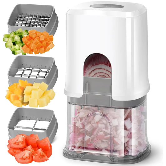 French Fry Cutter & Potato Slicer with Container – Manual Vegetable Chopper with 3 Stainless Steel Blades – Ideal for Chips, Apples & Onions
