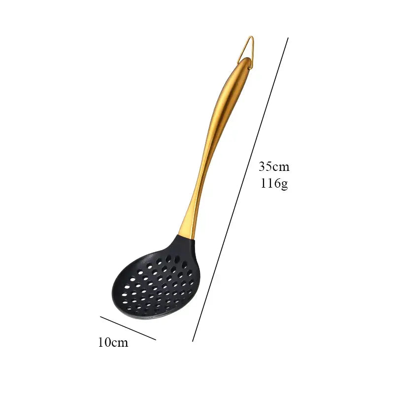 7-Piece Silicone Utensil Set with Golden Stainless Steel Handles - Cooking Utensil Set