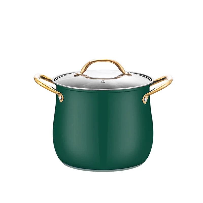 Stainless Steel Stock Pot with Glass Lid & Gold Handles – Thickened Base, Induction Compatible, Great for Soups, Stews, and Everyday Cooking