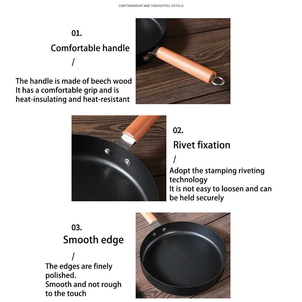 Non-Stick Flat-Bottom Frying Pan with Wooden Handle – Skillet for Gas & Induction Stoves, Perfect for Pancakes, Eggs, and Home Cooking, Available in 3 Sizes (24cm/26cm/28cm)