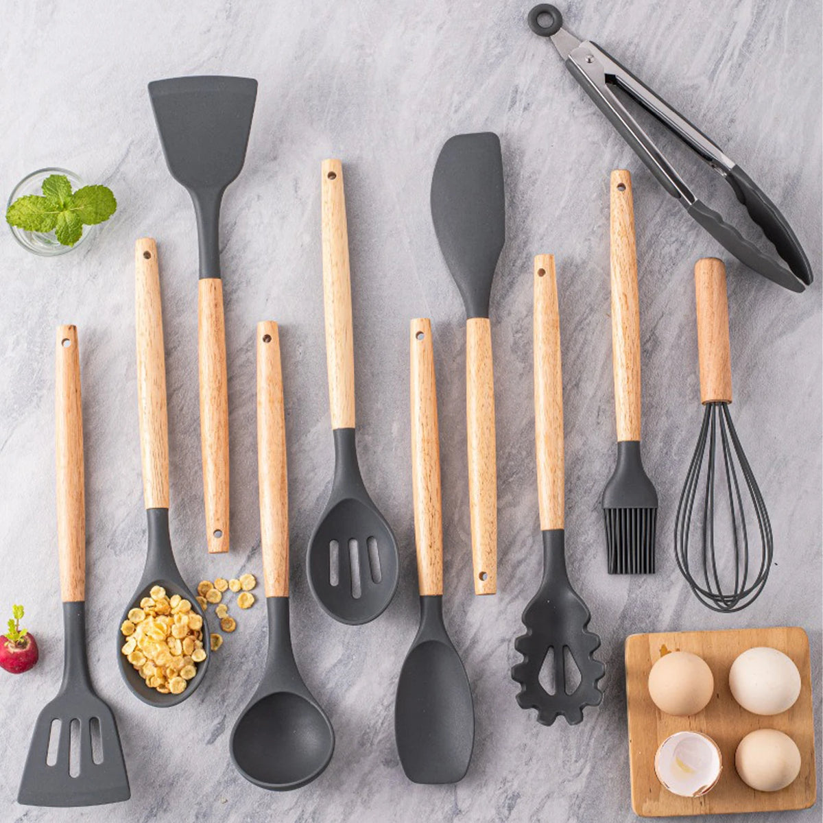 12 Piece Silicone Kitchen Utensil Set with Wooden Handles & Storage Pot – Heat Resistant BPA-Free Cooking Tools – Best for Non-Stick Cookware & Baking – Available in Black, White, Pink, Khaki & Light Green Colours
