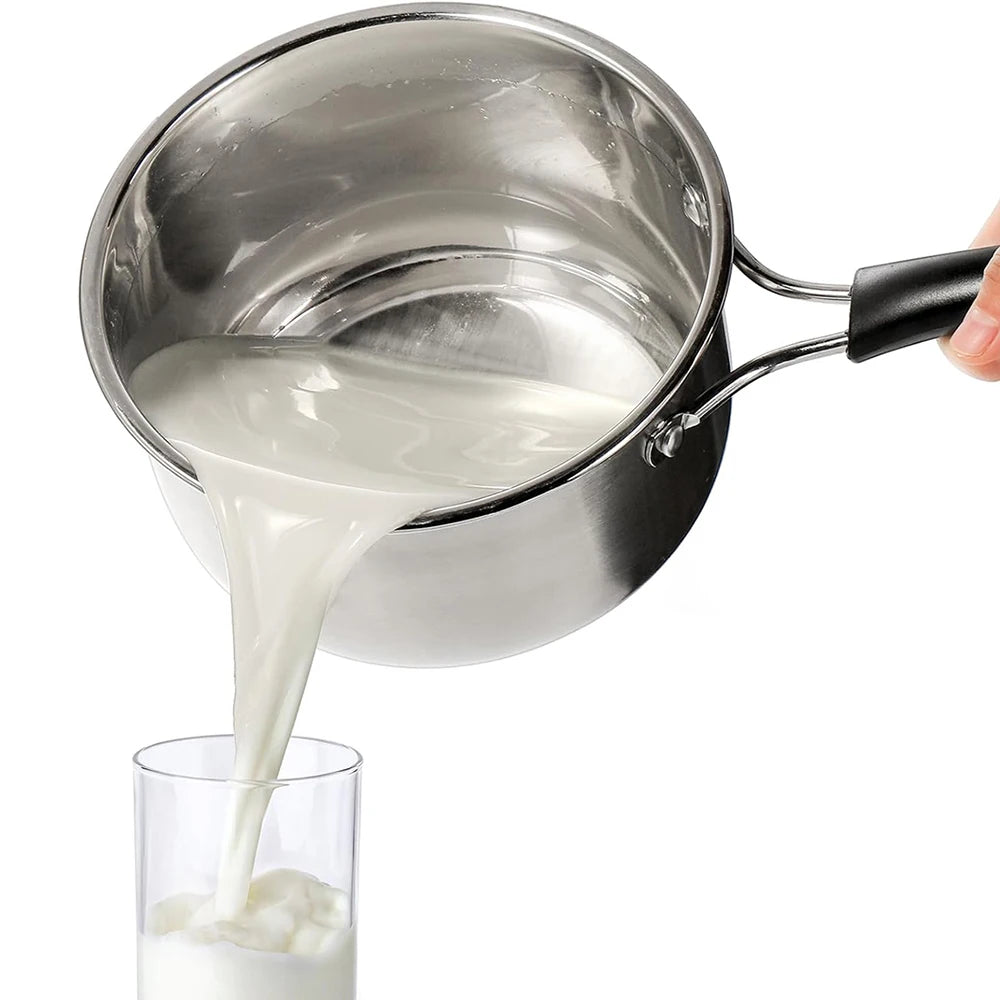 3 Piece Stainless Steel Milk Pan Set with Glass Lids & Gloves – Single Layer Saucepans – Great for Milk, Sauces & Gas Hobs