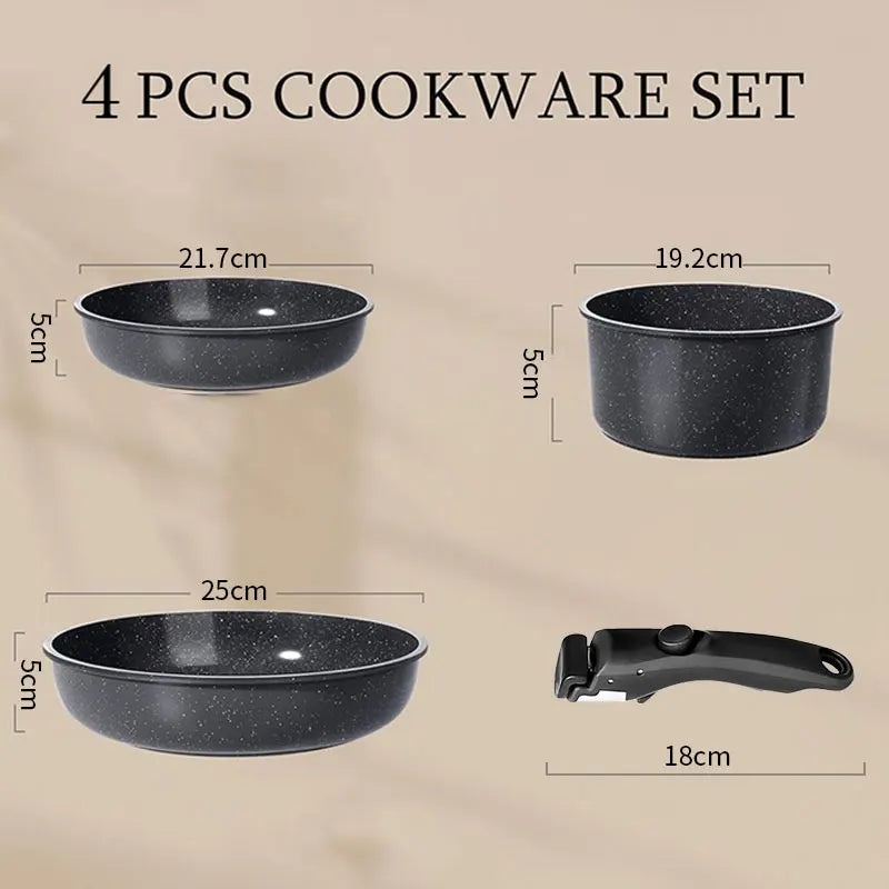 4-Piece Nonstick Cookware Set with Detachable Handle – Carbon Steel Stackable Frying Pans & Saucepan with Ceramic Coating, Best for Meat, Vegetables, and Omelets, Everyday Cooking, Space-Saving Stackable Design, Compatible with All Stovetops