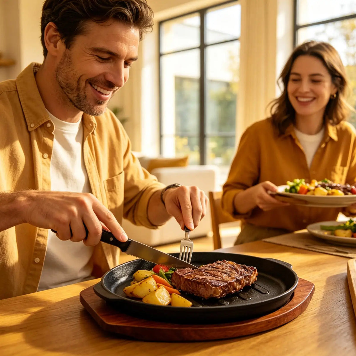 Cast Iron Sizzling Steak Plate with Wooden Base – Oval Sizzler Grill Plate & Serving Platter – Ideal for Steaks, Fajitas & Grilled Fish (10 Inch)