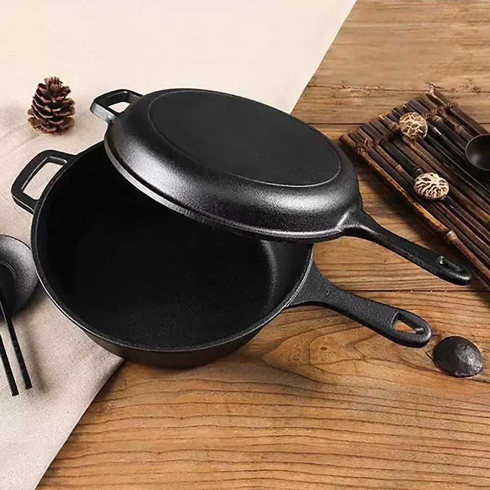 2-in-1 Pre-Seasoned Cast Iron Dutch Oven Set – 10" Deep Pot (3QT Capacity) with Dual-Function Skillet Lid for Baking, Frying, Stovetop, Oven, Grill & Induction Cooking