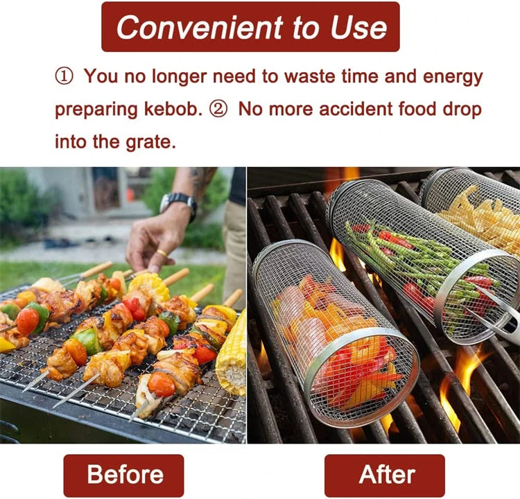 Stainless Steel Rolling BBQ Grill Basket