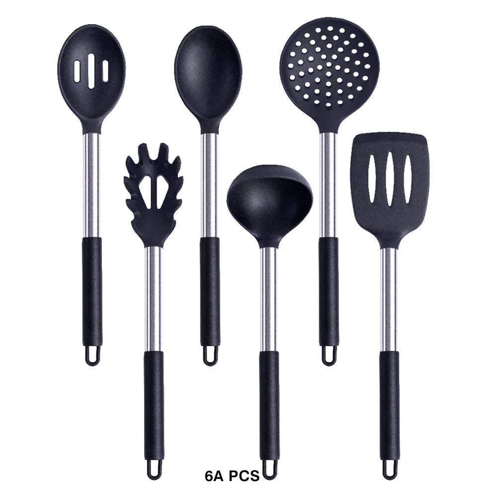 Silicone Kitchen Utensils Set with Stainless Steel Handles – Non-Stick Safe, Heat Resistant | Grey & Black | Available in 5 to 15-Piece Sets
