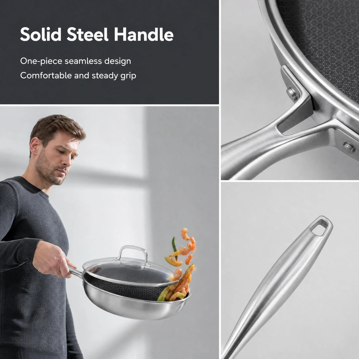 Honeycomb Stainless Steel Non-Stick Frying Pan with Lid – 3-Ply Scratch-Resistant Induction Skillet with Hanging Handle – Ideal for Low-Oil Cooking (28cm)