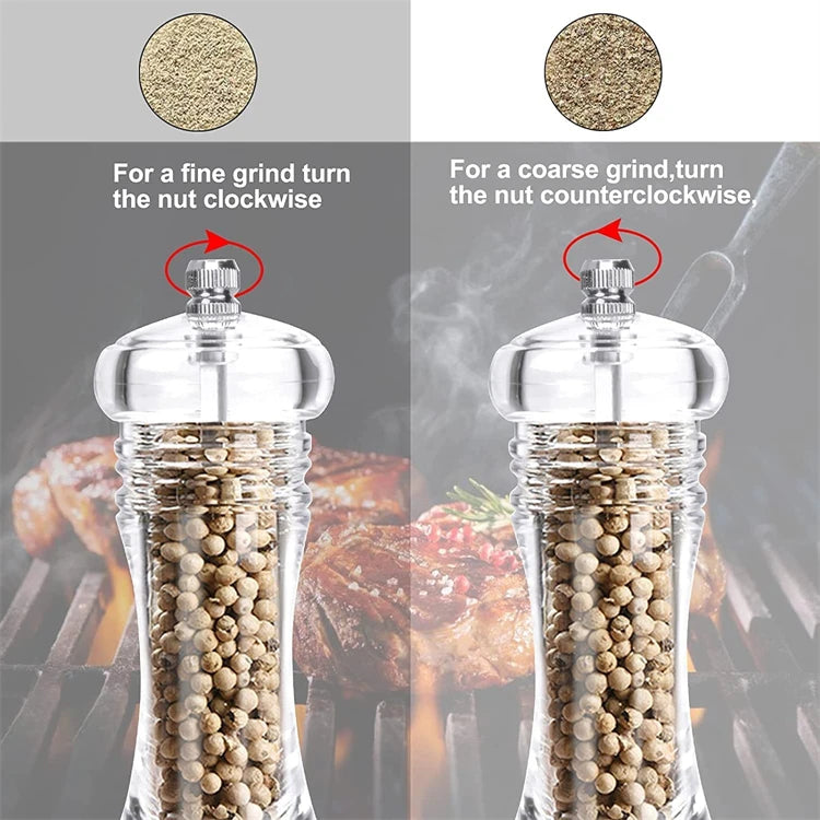 Clear Acrylic Salt & Pepper Grinder Mill with Adjustable Ceramic Coarseness – Refillable Sea Salt & Pepper Mill – Great for Sea Salt & Peppercorns – Available in 4, 5, 6 & 8 Inch