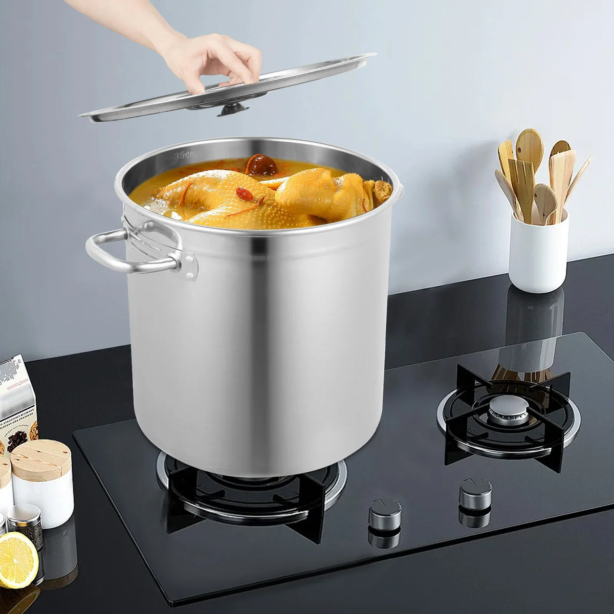 Heavy Duty Stainless Steel Stock Pot with Lid – Polished Commercial Grade Induction Soup Pot – Best for Stocks, Broths & Catering (35L)