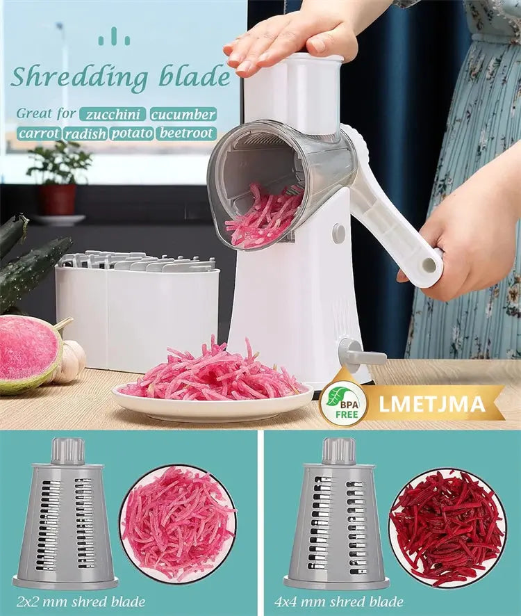 5-in-1 Rotary Cheese and Vegetable Grater with Handle and Suction Base – Multifunctional Interchangeable Rotating Drum Blades for Slicing, Shredding, and Grinding.(Available in Green, White, and Black Colours)