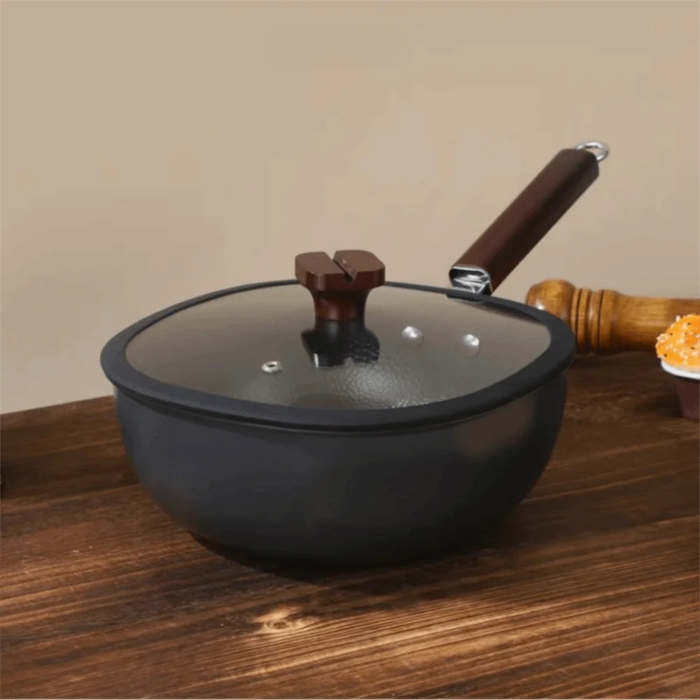 24cm Refined Iron Square Deep Frying Pan with Glass Lid & Wooden Handle – No Coating, Flat Bottom, Deep Wok-Style Stir Fry Pan, Great Cookware for Frying, Boiling, and Stir-Frying