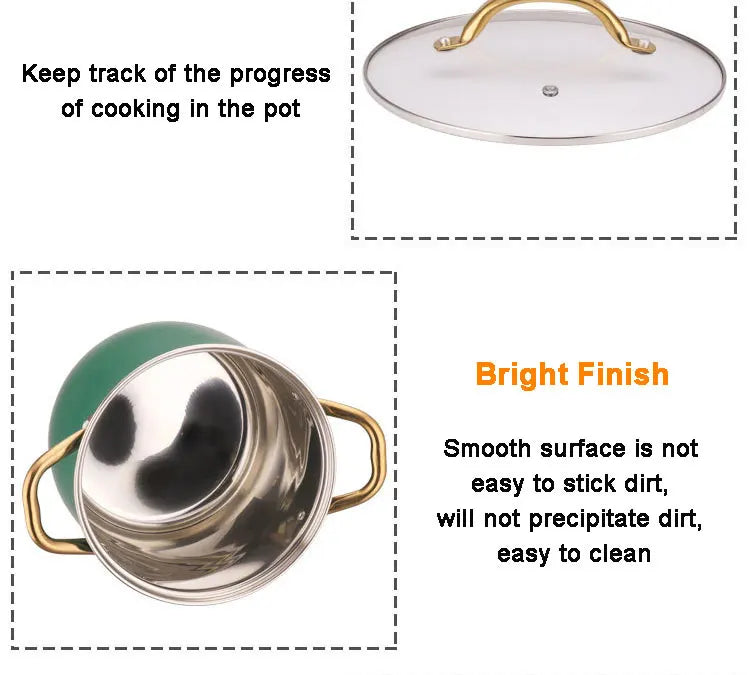 Stainless Steel Stock Pot with Glass Lid & Gold Handles – Thickened Base, Induction Compatible, Great for Soups, Stews, and Everyday Cooking