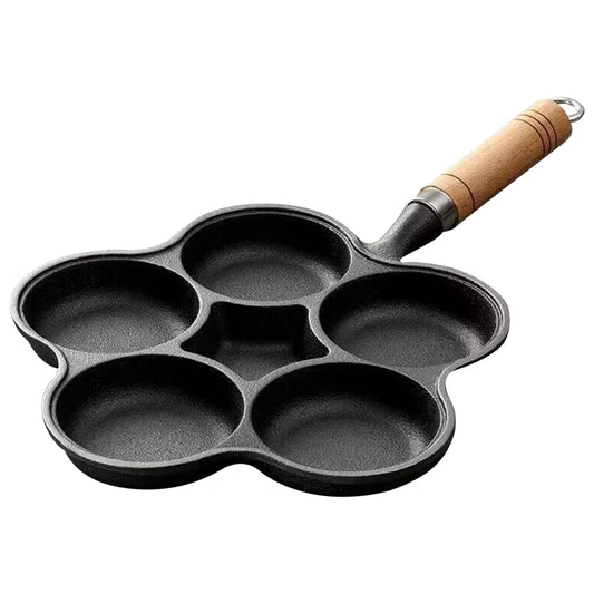 5-Hole Cast Iron Pre-Seasoned Frying Pan – Non-Stick Breakfast Skillet with Wooden Handle for Eggs, Pancakes, Burgers & More (Gas & Induction Compatible)