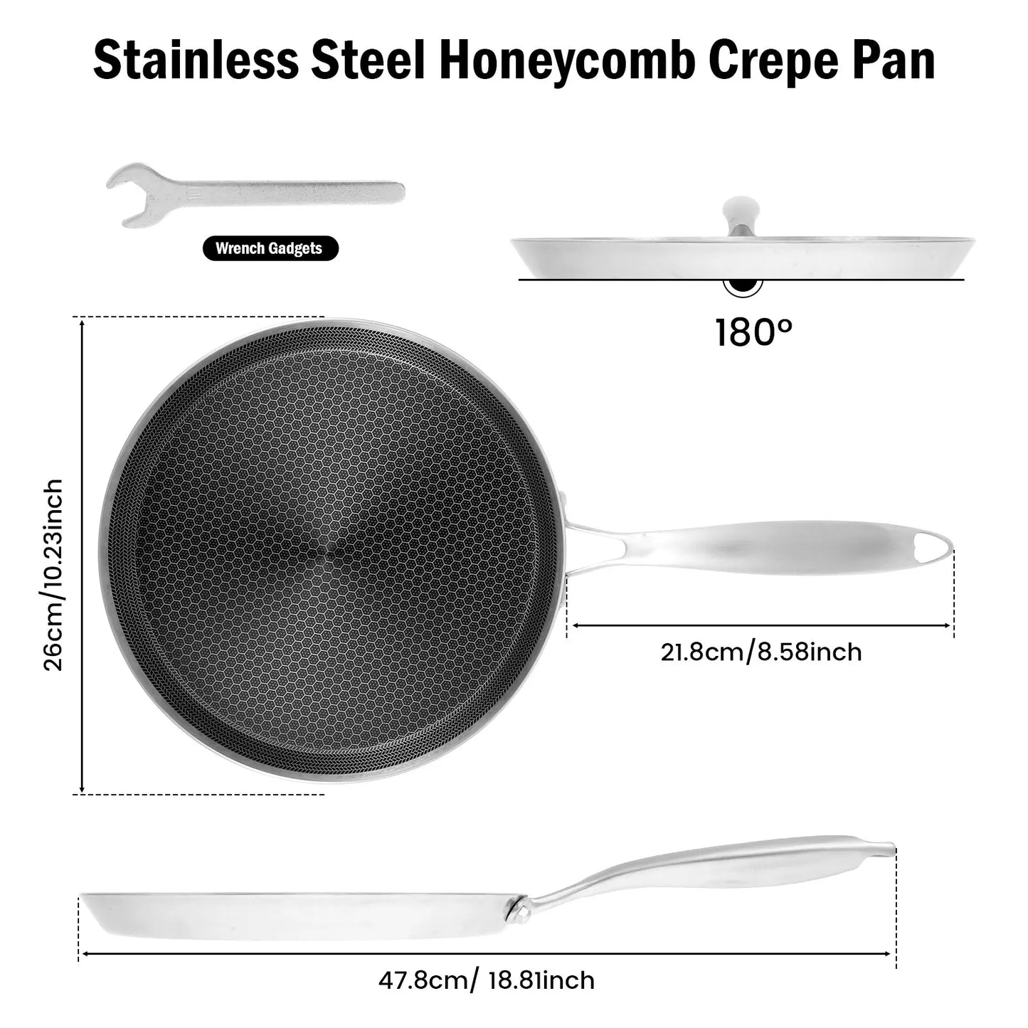 Honeycomb Stainless Steel Multi-Purpose Crepe/Pancake/Tawa/Dosa/Tortilla/Roti Pan – Non-Stick Pan with Ergonomic Handle – Perfect for Pancakes,Eggs, Wraps,Omelettes,Grilling & More Compatible with All Stovetops 26cm