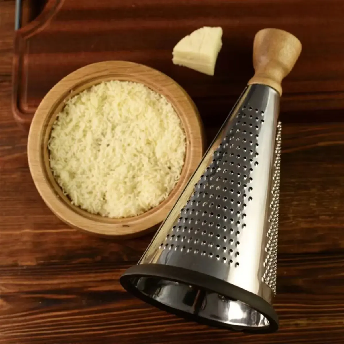 Multi-functional Stainless Steel Cone-Shaped Cheese Grater with Wood Base Container and Wooden Handle – Perfect for Parmesan Cheese, Vegetables, and Fruits in a Vintage Style