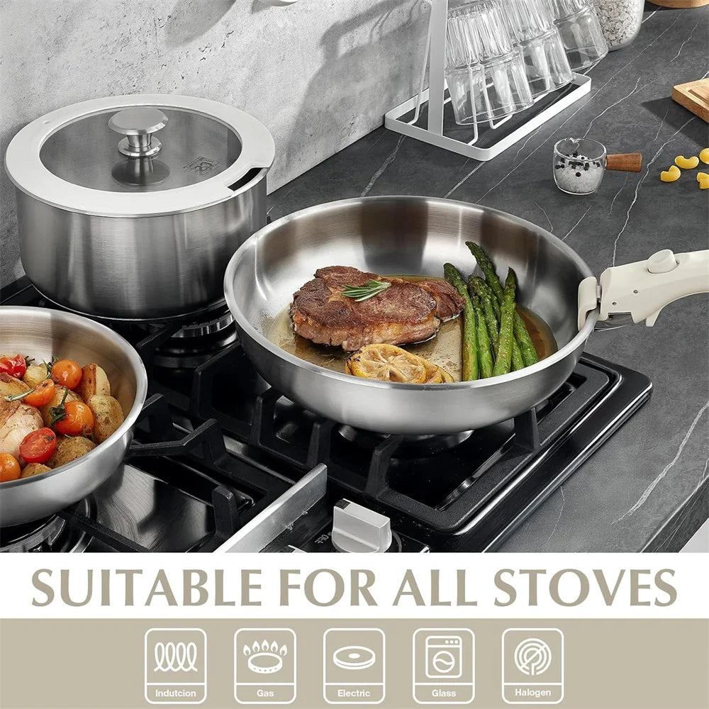 7 Piece Stainless Steel Cookware Set with Detachable Handle – 20cm & 25cm Frying Pans & 2QT Saucepan – Great for Stove to Oven & Space-Saving Storage