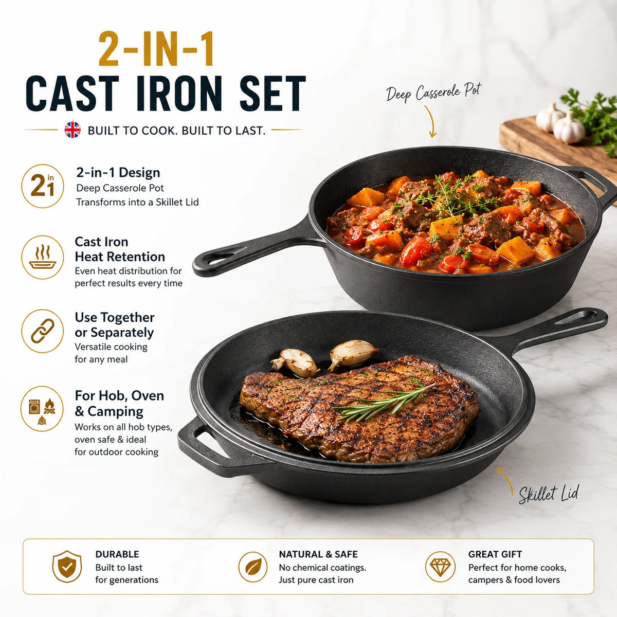 Cast Iron Camping Dutch Oven Stockpot with Skillet Lid – Non-Enamel Heavy Duty Stew Pot – Best for Outdoor Camping & Home Cooking