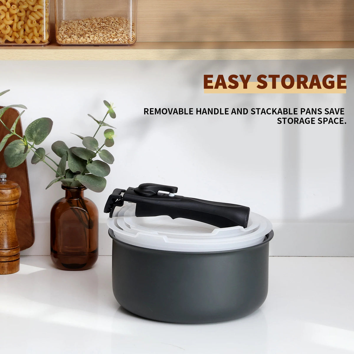 3 Piece Non-Stick Saucepan Set with Removable Handle & Sealing Lids – Stackable Induction Pots 16cm, 18cm & 20cm – Great for Small Kitchens, Caravans & Camping