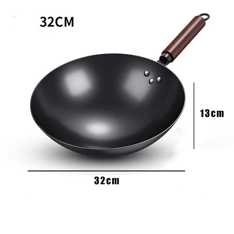 Iron Wok with Wooden Handle – Traditional Hand-Forged Deep Round Bottom Stir-Fry Wok – Great for Stir-Frying & Deep Frying on Gas Hobs – Available in 30cm & 32cm