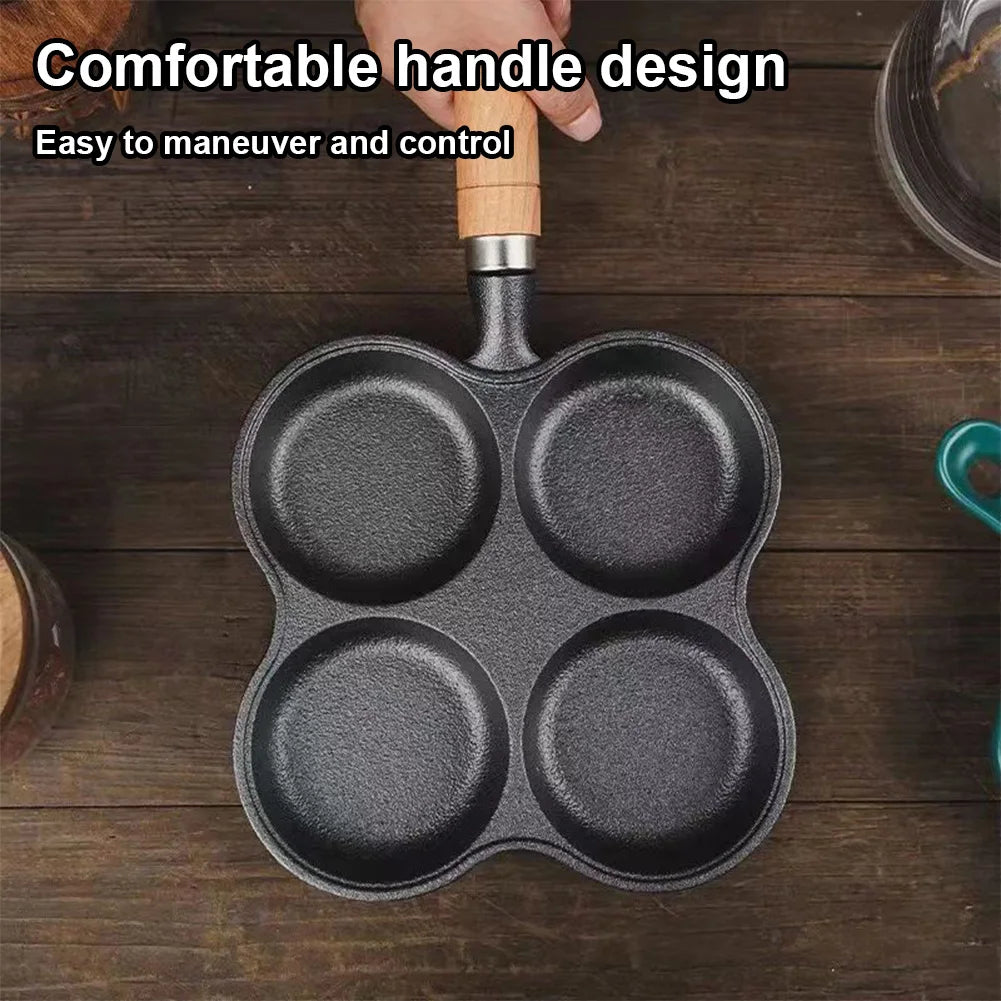 4 Hole Egg Pan with Wooden Handle – Non-Stick Cast Iron Breakfast Burger & Pancake Maker – Perfect for Eggs, Burgers & Pancakes