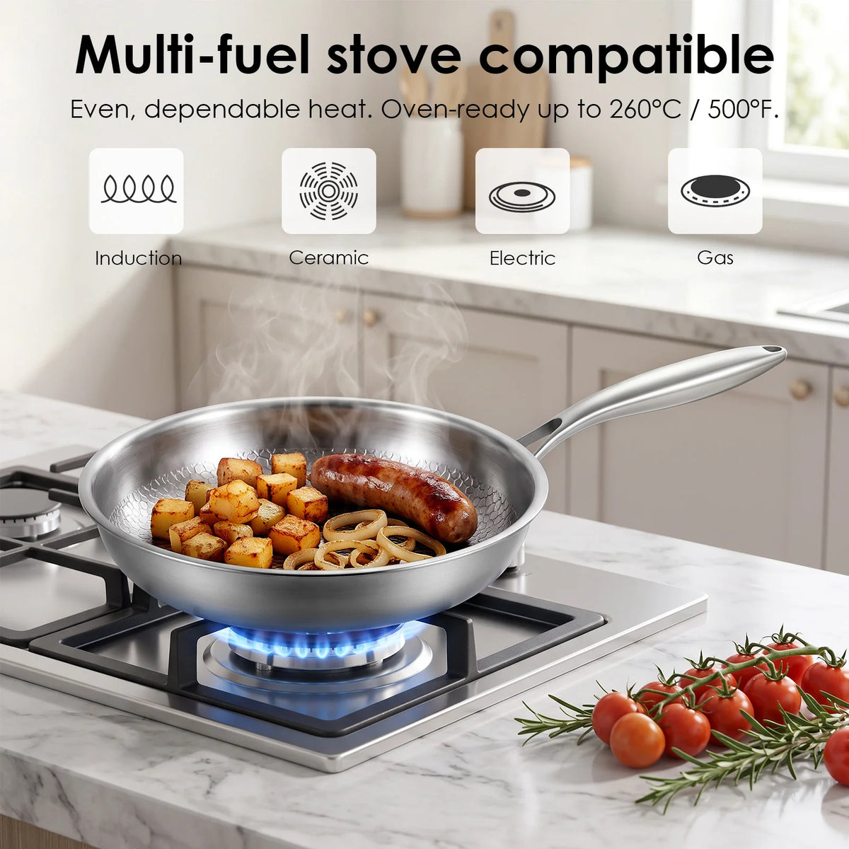 5-Ply Stainless Steel Frying Pan – Uncoated Hammered Skillet with Even Heating – Great for Steak, Fish & Eggs (24cm)