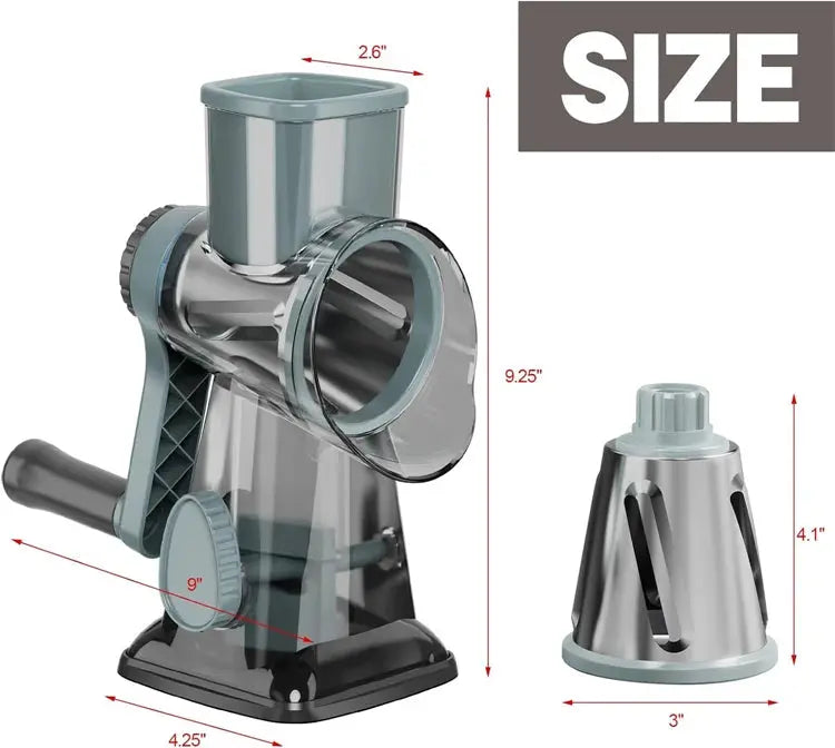 3 in 1 Rotary Cheese Grater – Easy-to-Swap Stainless Steel Interchangeable Rotating Drum Blades for Effortless Slicing, Shredding, and Grating (Available in Grey, White, and Red Colours)