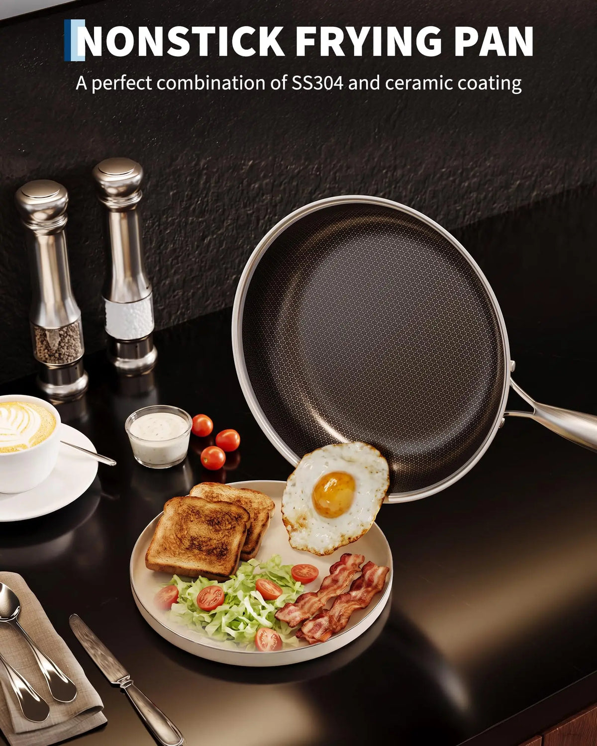 Honeycomb Stainless Steel Frying Pan with Lid – 3-Ply Ceramic Non-Stick Induction Skillet, Oven Safe – Best for Frying, Searing & Sautéing (28cm)