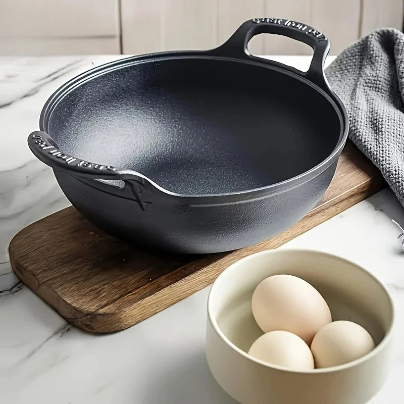 Cast Iron Wok with Dual Handles – Grilling Wok for Oven, Hob & BBQ – Great for Stir-Fries, Grilled Vegetables & Outdoor Cooking