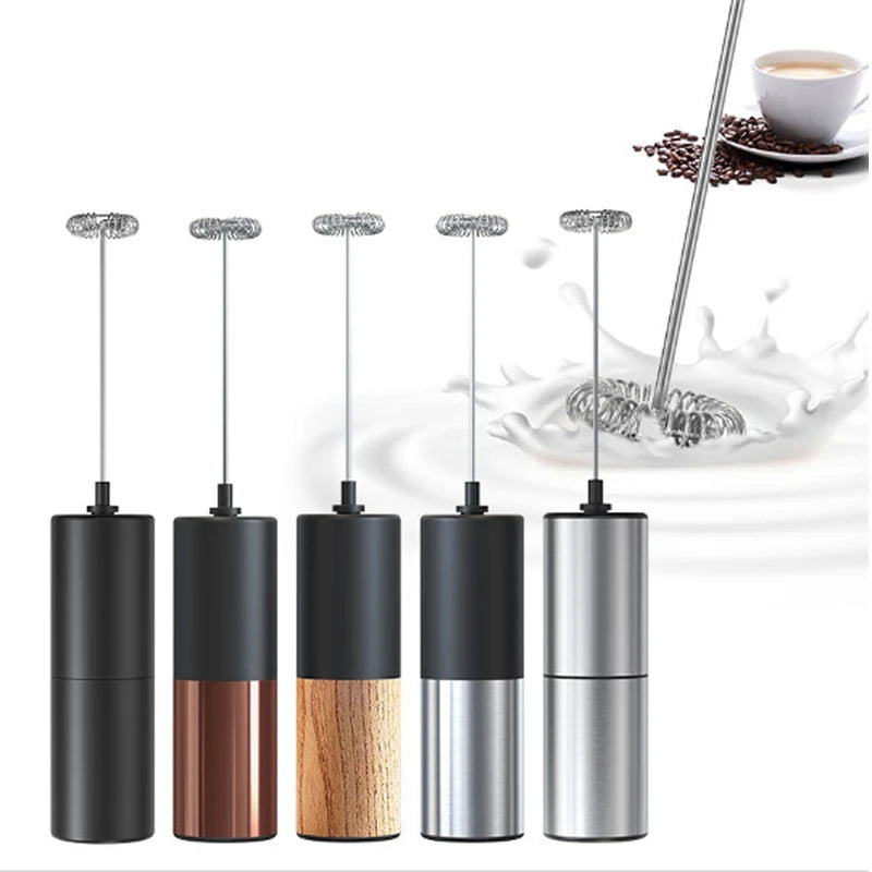 Mini Electric Milk Frother – Portable Handheld Foamer & Drink Mixer – Ideal for Cappuccino, Hot Chocolate & Whisking Eggs – Available in Black and Wood, Black and Silver, Black, Black and Copper & Silver Colours