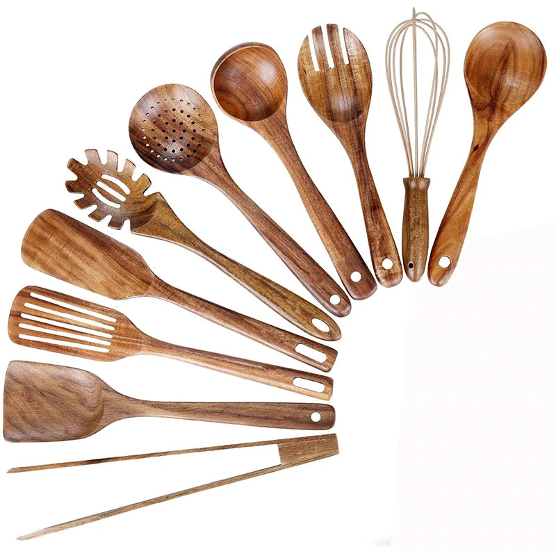 Natural Teak Wooden Kitchen Utensil Set 10 Pcs