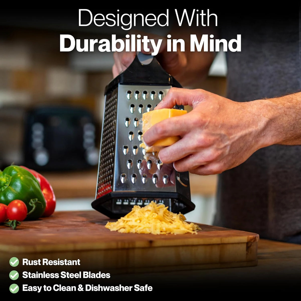 6-Sided Stainless Steel Box Grater – Multi-Function Cheese, Vegetable & Potato Grater, Slicer & Zester – Great for Cheese, Carrots & Nutmeg