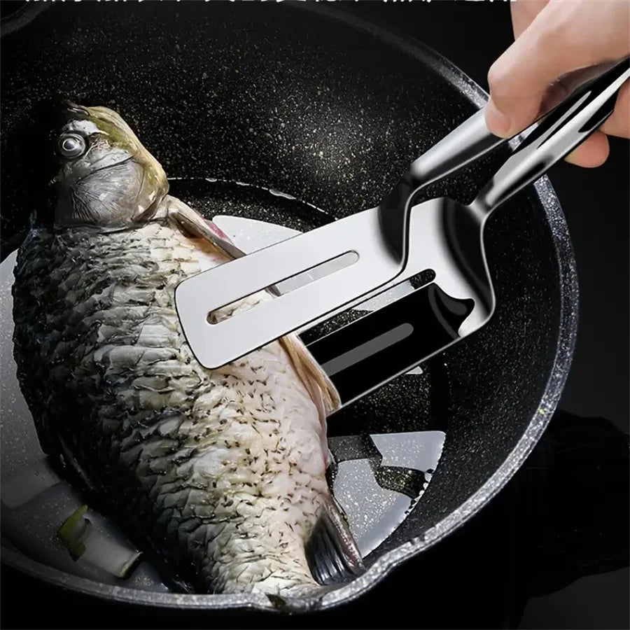 Stainless Steel Steak Tongs & Spatula Clip – Double-Sided Cooking Tongs for Fish, Meat & Pizza – Perfect for Flipping & Serving