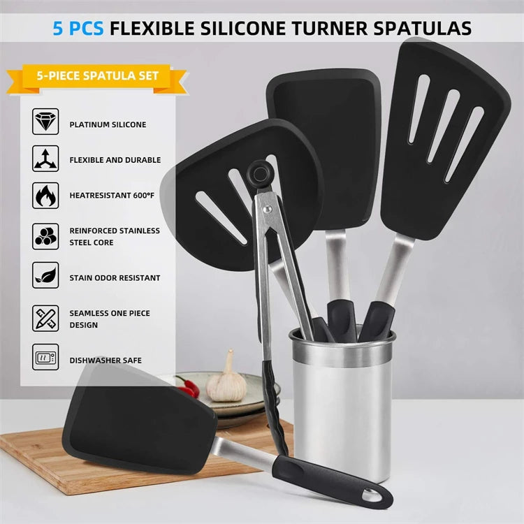 Silicone Flexible Turner Spatula Set – Heat Resistant Non-Stick Kitchen Spatulas with Stainless Steel Core – Best for Flipping & Serving