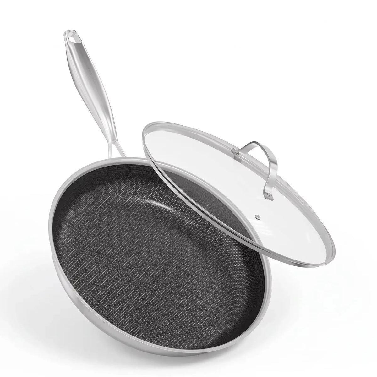 Honeycomb Stainless Steel Frying Pan with Lid – 3-Ply Ceramic Non-Stick Induction Skillet, Oven Safe – Best for Frying, Searing & Sautéing (28cm)