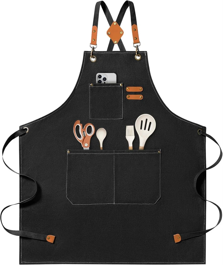 Canvas Chef Apron with Cross Back Straps – Cotton Kitchen Work Apron with Large Pockets – Best for Cooking, Baking & Grilling – Available in Dark Khaki, Blue, Black, White & Dark Grey Colours