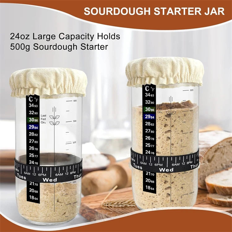 730ml Glass Sourdough Starter Jar Kit – 24oz Fermentation Jar with Date Marked Feeding Band – Great for Homemade Sourdough Bread