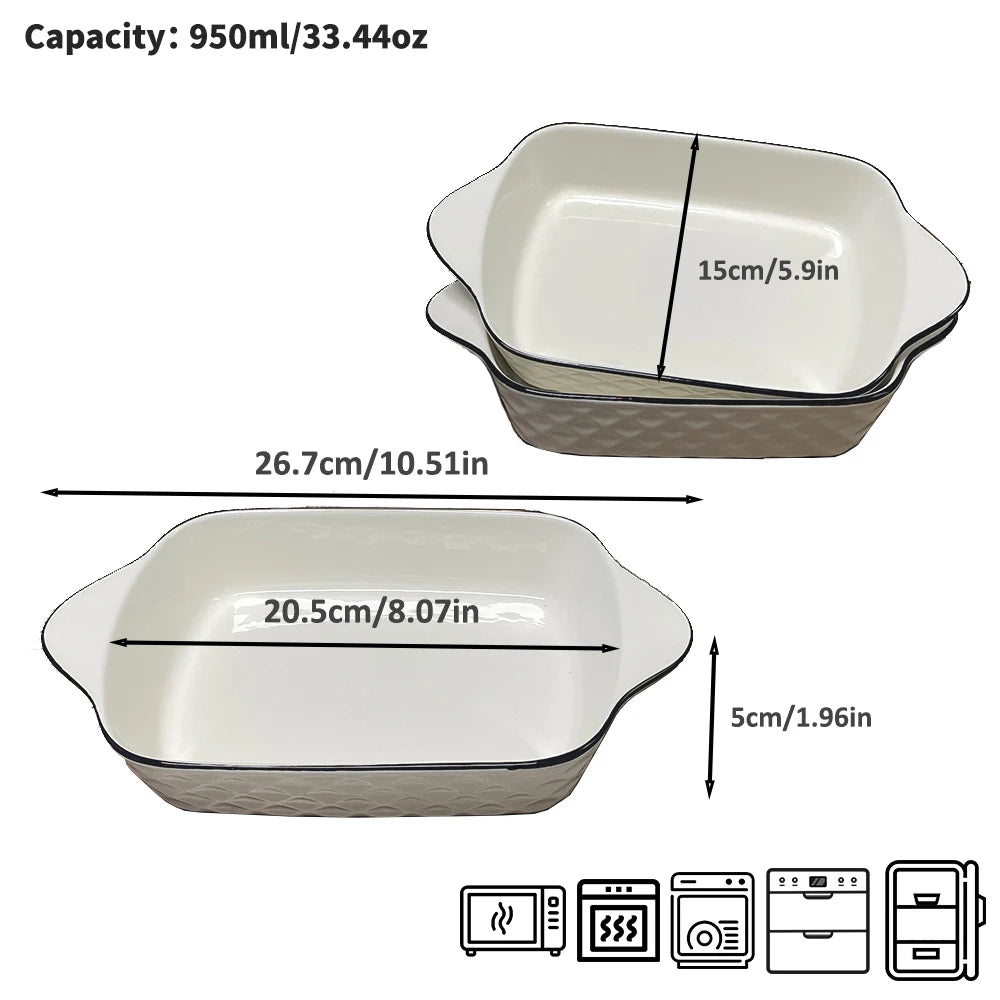 3 Piece Ceramic Baking Dish Set with Handles – 950ml Diamond Pattern Oven Dishes with Black Rim – Best for Lasagne, Pies & Casseroles