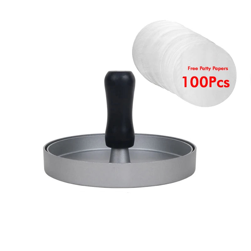 Non-Stick Burger Press with Wax Papers – Aluminium Round Patty Maker with Removable Handle – Ideal for BBQ Burgers & Meat Pies – Available in Black & Red Colours