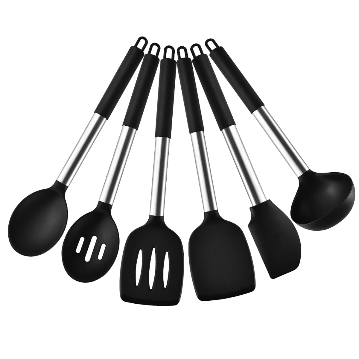 Silicone Kitchen Utensils Set with Stainless Steel Handles – Heat-Resistant & Safe for Non-Stick Cookware – Ideal for Daily Cooking – Available in Multiple Colours & Various Piece Set Options